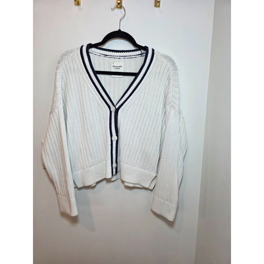 Abercrombie & Fitch Tennis Varsity Cardigan Sweater Women Sz S White Navy Preppy